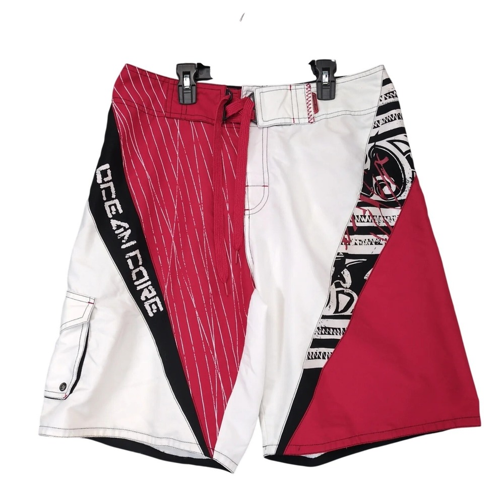 Ocean Core Red Graphic Board Shorts Mens 32x10" Drawstring Pockets Surfer Beach